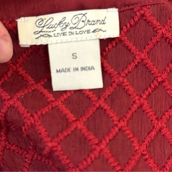 Lucky Brand Red Sheer Boho Embroidered 3/4 Sleeve Blouse with Tassels Sz S - Picture 9 of 9